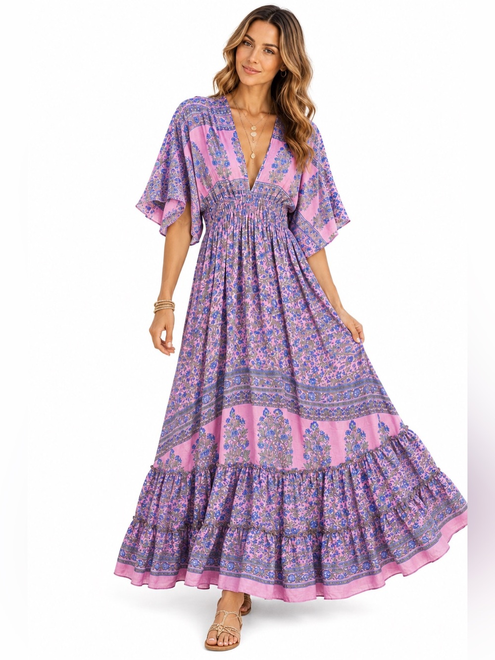 Charming Parrot Paisley Maxi Dress M Smocked Waist Flutter Sleeve V Neck Boho